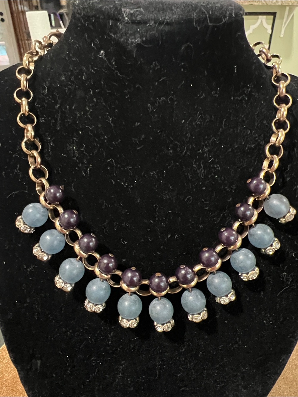 Gold-tone Necklace with Purple and Light Blue Beads